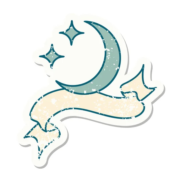 Stiker Tua Usang Dengan Spanduk Bulan Dan Bintang Bintang - Stok Vektor