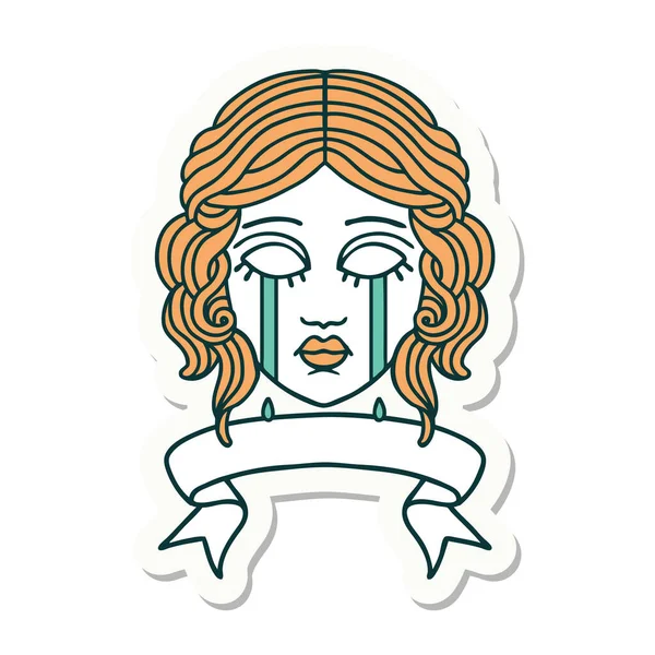 Autocollant Style Tatouage Avec Bannière Visage Féminin Pleurer — Image vectorielle