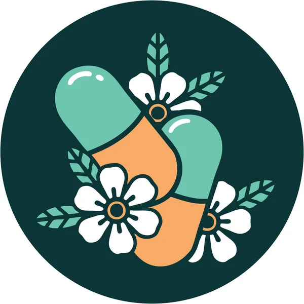 錠剤や花の象徴的なタトゥースタイルのイメージ — ストックベクタ