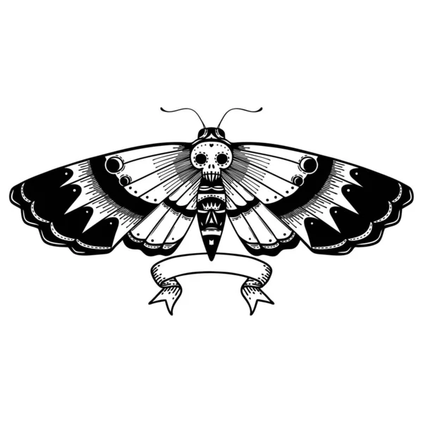 Traditional Black Linework Tattoo Banner Deaths Head Moth — Stock Vector