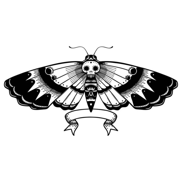 traditional black linework tattoo with banner of a deaths head moth