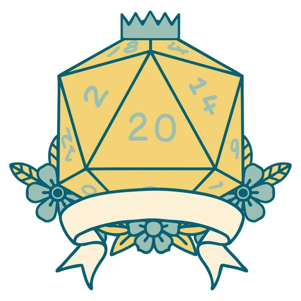 Retro Tatuaje Estilo Natural Golpe Crítico D20 Dados Rollo — Archivo Imágenes Vectoriales