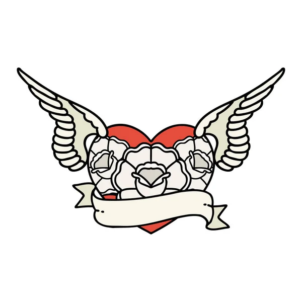 Tatuaje Estilo Tradicional Corazón Volador Con Flores Pancarta — Archivo Imágenes Vectoriales
