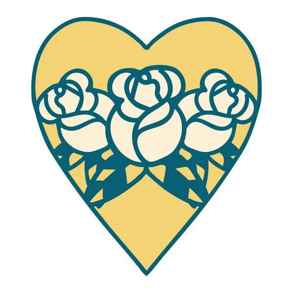 Image Emblématique Style Tatouage Cœur Fleurs — Image vectorielle