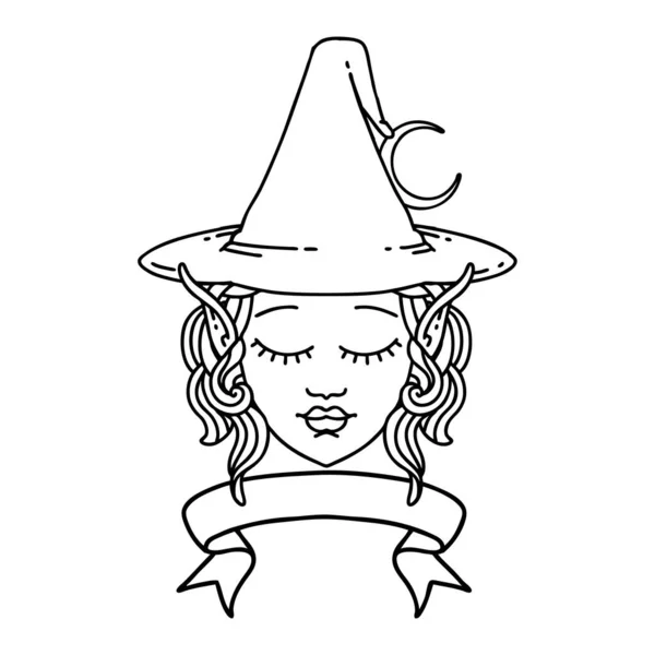 Black White Tattoo Linework Style Elf Mage Character Face Banner — Stock Vector