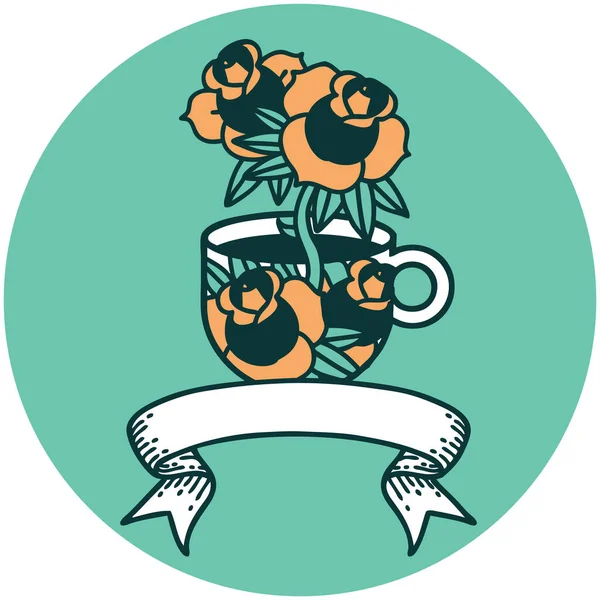 Ikona Stylu Tetování Bannerem Poháru Květinami — Stockový vektor