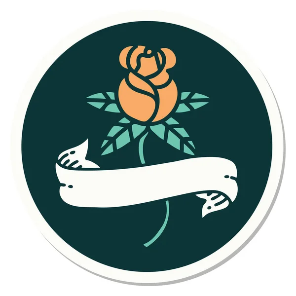 传统风格的玫瑰和横幅纹身贴纸 — 图库矢量图片