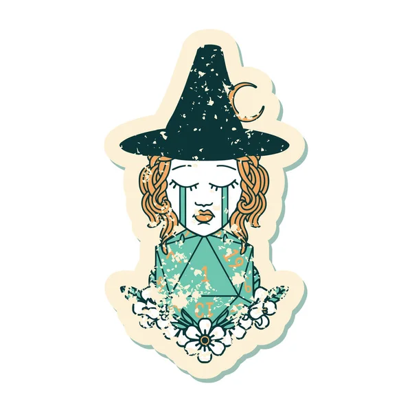 Grunge Sticker Crying Human Witch Natural One D20 Dice Roll — Stock Vector