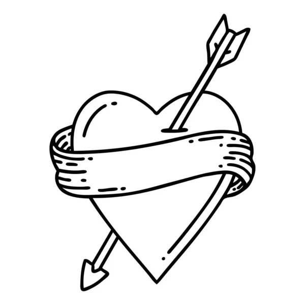 Tatouage Dans Style Ligne Noire Coeur Flèche Bannière — Image vectorielle