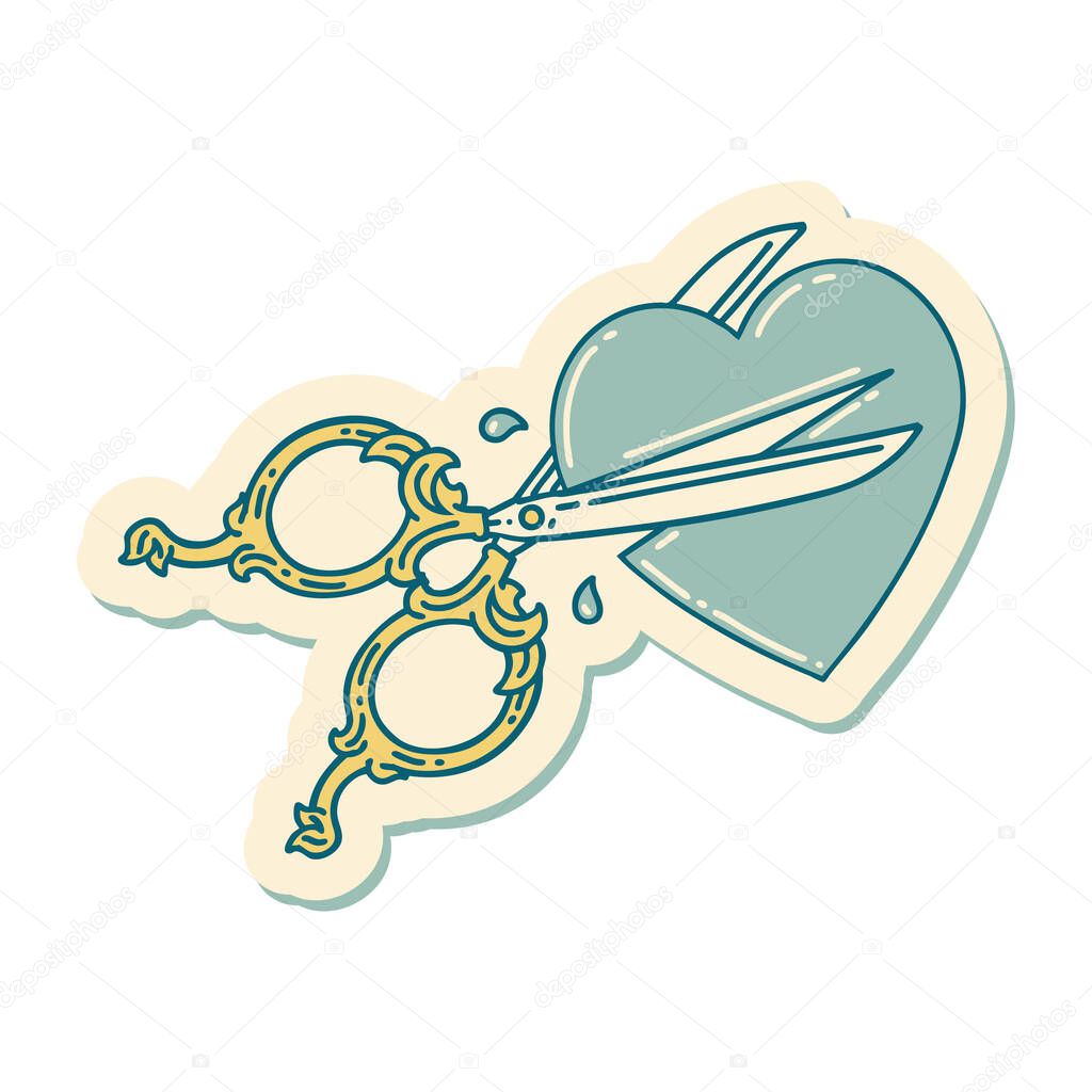sticker of tattoo in traditional style of scissors cutting a heart