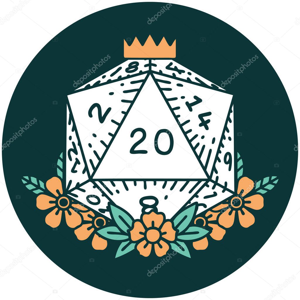 icon of natural 20 D20 dice roll with floral elements
