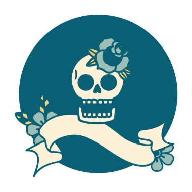 bir kafatası ve gül pankartıyla dövme biçimi simgesi