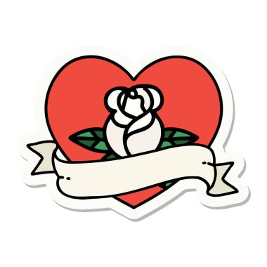 Dövme çıkartması geleneksel tarz bir kalp gülü ve bayrağı 