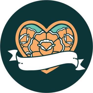 ikonik dövme stili bir kalp ve çiçekli pankart