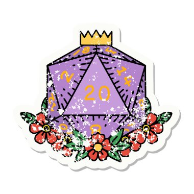 Doğal 20 D20 zarının çiçek elementli grunge sticker 'ı.