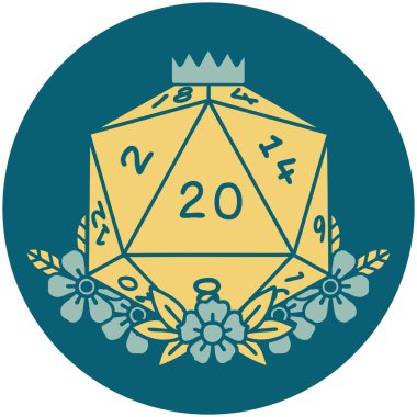 Retro Dövme Biçimi Doğal 20 D20 zarlar Çiçekli elementlerle yuvarlanır