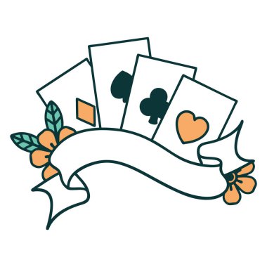 Kartların ikonik dövme şekli ve çiçekli pankart