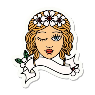 Dövme stili çıkartma. Yüzü yanıp sönen bakirelerin bayrağı.