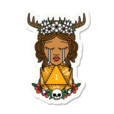 Ağlayan insan bir Druid 'in çıkartması. Doğal bir d20 rulosu var.