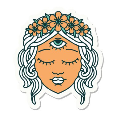 Geleneksel kadın yüzü stili dövme çıkartması. Üçüncü gözü ve çiçek tacıyla.