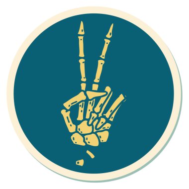 Geleneksel stil dövmeli bir iskelet barış işareti veriyor. 