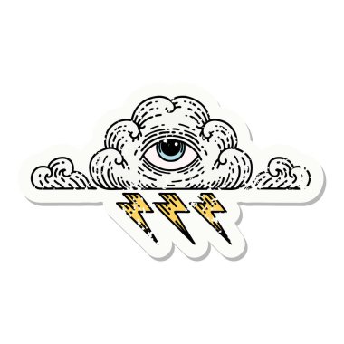 Her şeyi gören bulutun geleneksel stiliyle depresif etiket dövmesi