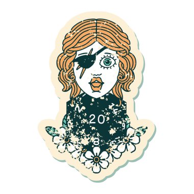 Doğal yirmilik zarlı bir insan hırsızının grunge sticker 'ı