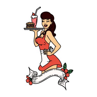 Geleneksel stil dövmeli pankartlı garson kız dövmesi.