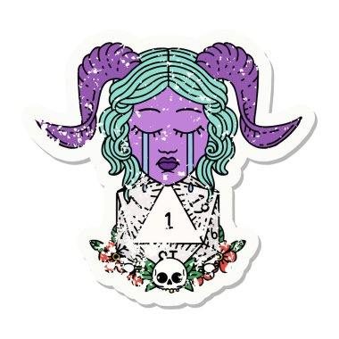 Ağlama çıkartması. Doğal bir D20 zarla bağlanmış.