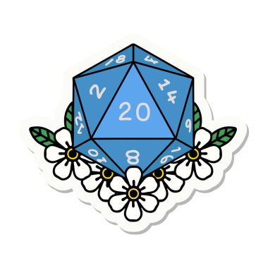 Doğal bir 20 D20 zarının çıkartması. Çiçekli elementlerle birlikte.
