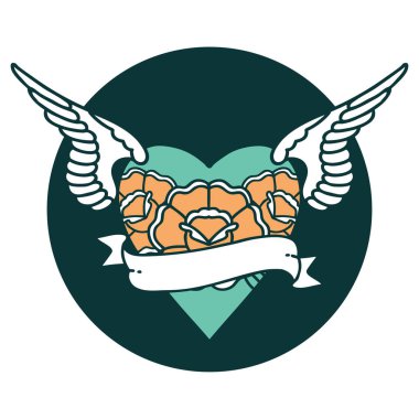 ikonik dövme stili kanatlı kalp görüntüsü çiçekler ve bayrak