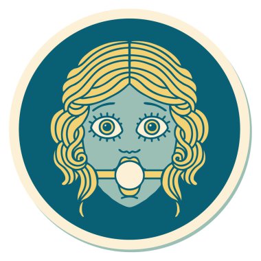 Geleneksel kadın yüzü stili dövme etiketi. Ağız tıkacı takıyor.