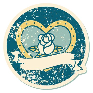 İkonik ıstıraplı dövme stili kalp gülü ve bayrağın görüntüsü 