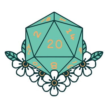 Retro Dövme Biçimi Doğal 20 D20 zarlar Çiçekli elementlerle yuvarlanır