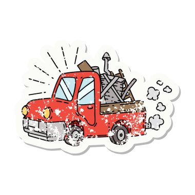 Hurda taşıyan dövme stili bir kamyonun eski çıkartması.