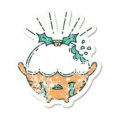 Dövme stili eski bir çıkartma. Noel pudingi karakteri ağlıyor.