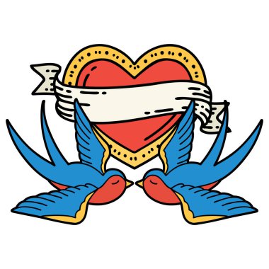 Geleneksel kırlangıç stilinde dövme ve sancaklı bir kalp.