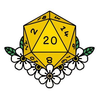 Retro Dövme Biçimi Doğal 20 D20 zarlar Çiçekli elementlerle yuvarlanır