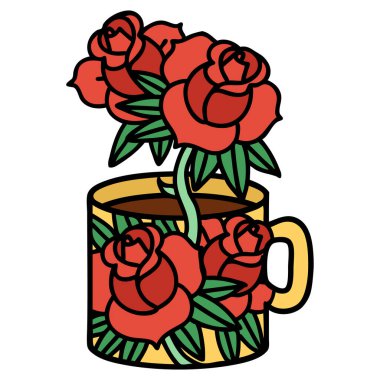 geleneksel bir kupa ve çiçek şeklinde dövme.