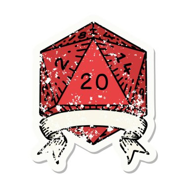 20 kritik vuruşluk D20 zarının grunge sticker 'ı