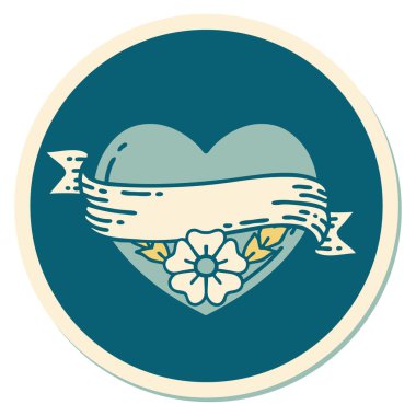 Geleneksel kalp stili dövme çıkartması ve çiçekli pankart.