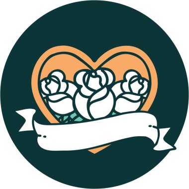 ikonik dövme stili bir kalp ve çiçekli pankart