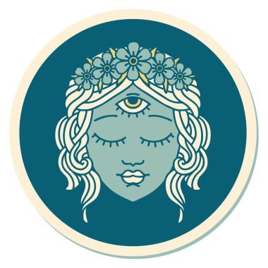 Geleneksel kadın yüzü stili dövme çıkartması. Üçüncü gözü ve çiçek tacıyla.