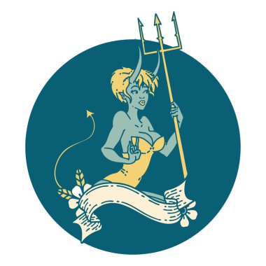 İkonik dövme stili. Sancaklı şeytan kız figürü.