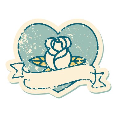 İkonik ıstıraplı dövme stili kalp gülü ve bayrağın görüntüsü 