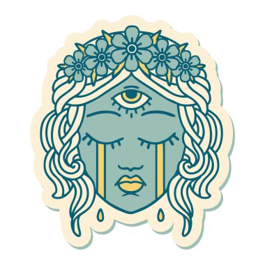 Geleneksel kadın yüzü stili dövme çıkartması. Mistik üçüncü göz ağlıyor.