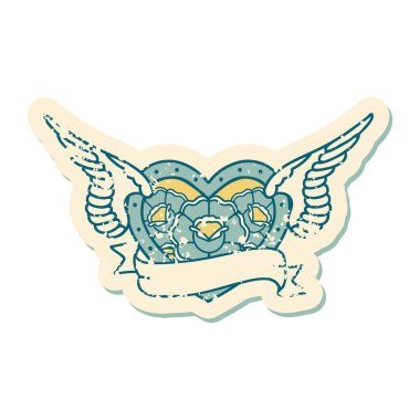 Çiçek ve bayrak taşıyan uçan bir kalbin ikonik kederli dövme görüntüsü