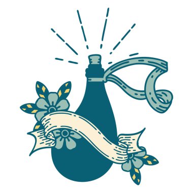 Dövme stili eski deri su şişesi olan kaydırma pankartı