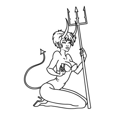 tattoo in black line style of a pinup devil girl clipart