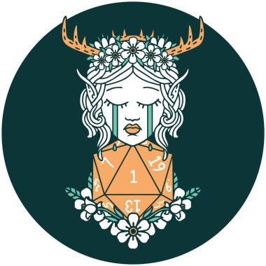 Ağlayan Elf Büyücüsü karakteri yüzü ve doğal bir D20 rulosu.